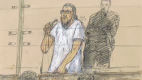 Croquis d'audience de Mohamed Lamine Aberouz (d) au premier jour de son procès pour l'attentat de Magnanville, le 25 septembre 2023 à Paris