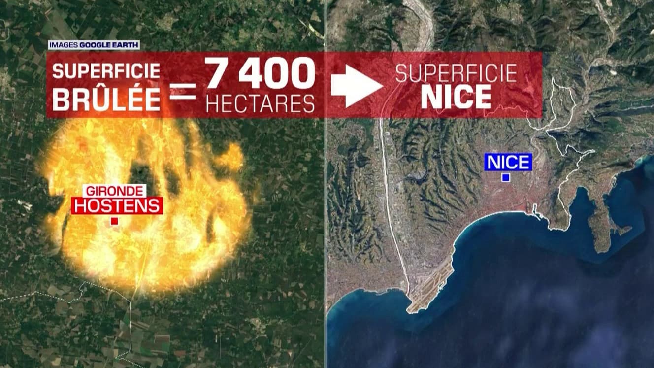 7400 hectares, soit la superficie brûlée en Gironde au vendredi 12 août, équivaut à la superficie de la ville de Nice.