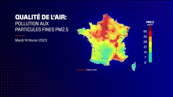 La carte de pollution aux particules fines PM2,5 en France, le 14 février 2023 