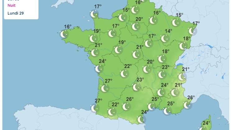 Les températures en France hexagonale dans la nuit du dimanche 28 au lundi 29 juillet 2024.