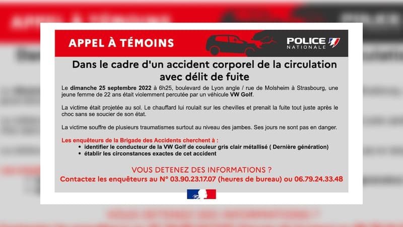 La police recherche le conducteur d'une Golf ayant percuté une jeune femme à Strasbourg.