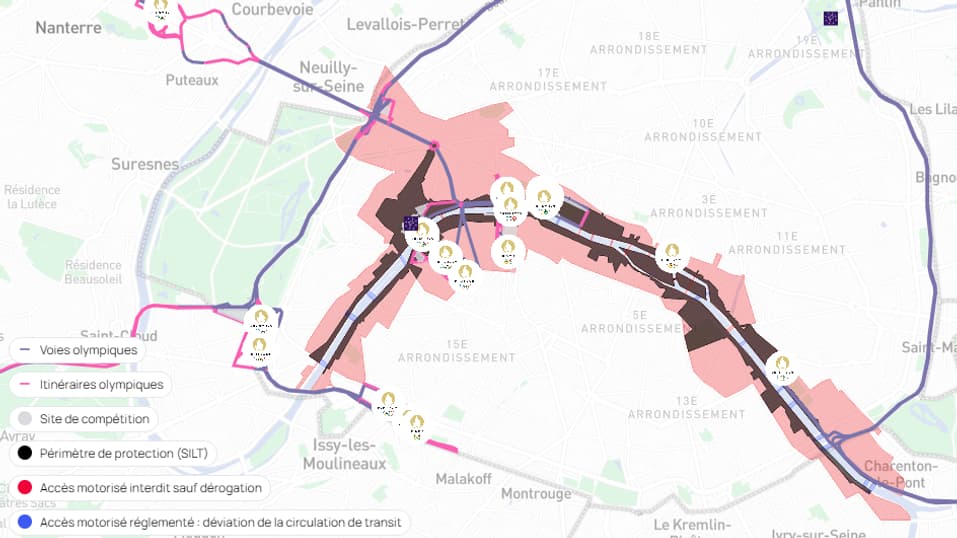 La carte représentant les restrictions de circulation le 26 juillet 2024, jour de la cérémonie d'ouverture des Jeux olympiques de Paris.