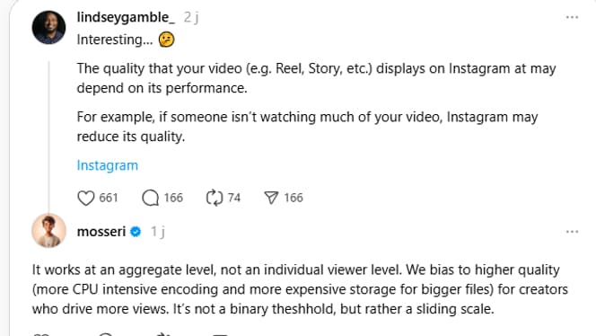 Sur Threads les utilisateurs d'Instagram font remarquer que la qualité des stories dépend de leur nombre de vues. Cela est confirmé par Adam Mosseri, responsable d'Intagram chez Meta. Sur Threads les utilisateurs d'Instagram font remarquer que la qualité des stories dépend de leur nombre de vues. Cela est confirmé par Adam Mosseri, responsable d'Intagram chez Meta.