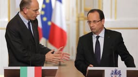 François Hollande et le nouveau chef du gouvernement italien Enrico Letta ont indiqué mercredi qu'ils feraient front commun pour obtenir d'ici au sommet européen de Bruxelles de juin des avancées concrètes sur la construction de l'union bancaire. /Photo p