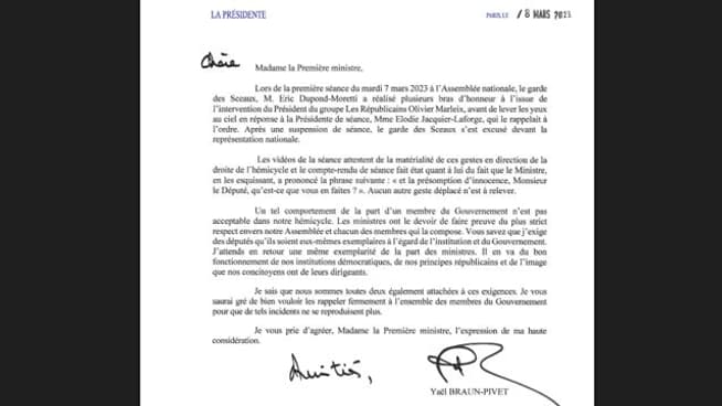 Lettre de Yaël Braun-Pivet à Elisabeth Borne. 