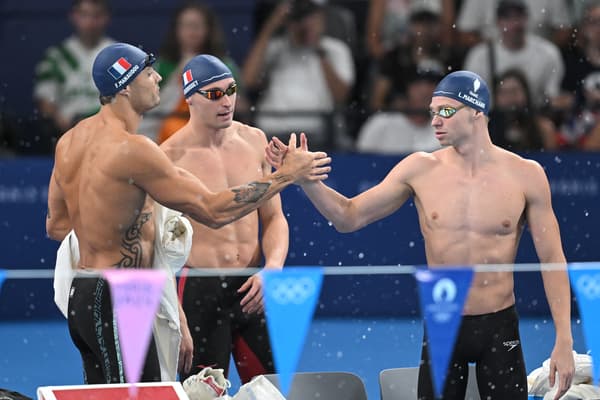 Florent Manaudou, Maxime Grousset et Léon Marchand sur le relais 4x100m 4 nages, JO de Paris 2024, 4 août 2024