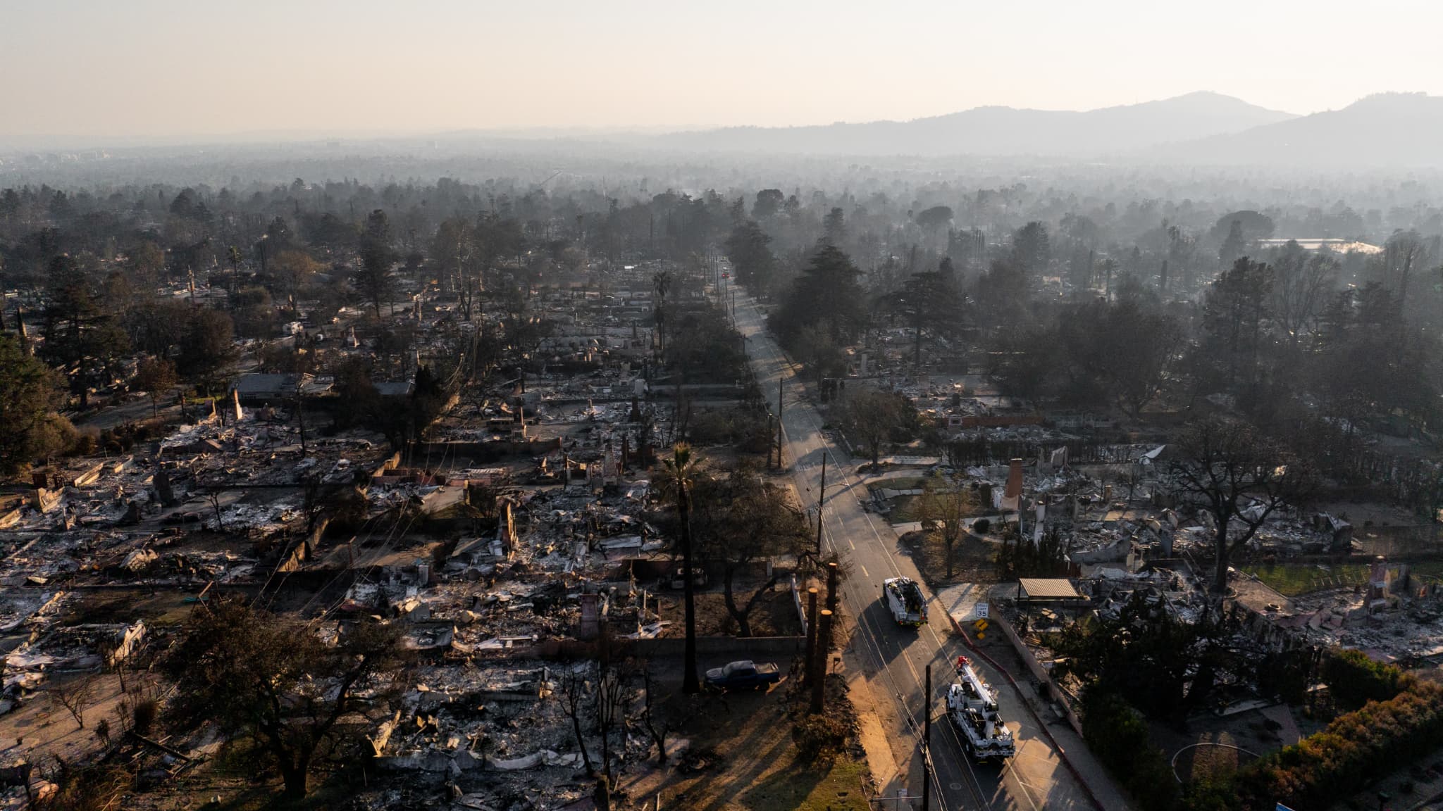 Sur une vue aérienne, des zones résidentielles détruites par l'incendie d'Eaton sont visibles le 19 janvier 2025 à Altadena, en Californie. (Photo d'illustration)
