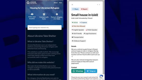 Deux pages de l'interface du site internet "Ukraine Take Shelter". Deux pages de l'interface du site internet "Ukraine Take Shelter".