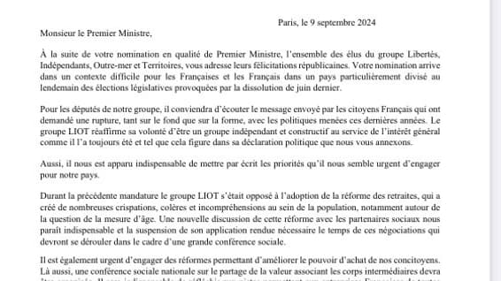 Lettre groupe Liot à Michel Barnier, le 9 septembre 2024.