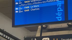 Panneau d'affichage à la gare Montparnasse: les trains TER circulent