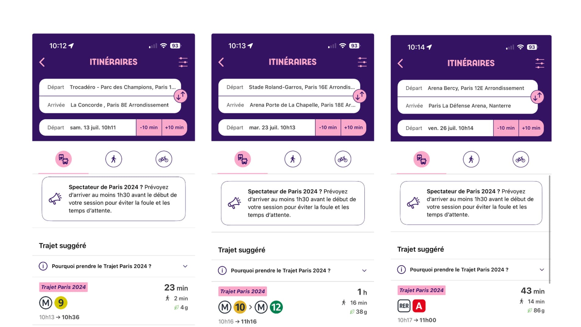 Le "Trajet Paris 2024" proposé sur l'application "Transport Public Paris 2024". Le "Trajet Paris 2024" proposé sur l'application "Transport Public Paris 2024".