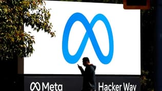 Le logo de "Meta", sur la façade des bureaux de Facebook, le 28 octobre 2021 à Menlo Park, aux Etats-Unis