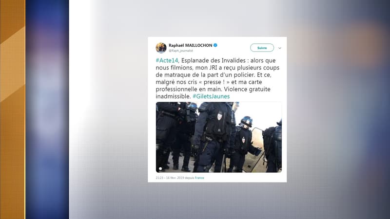 Un JIR de BFMTV a été victime de coups de matraque d'un policier, ce samedi, lors de la 14e journée de mobilisation nationale des gilets jaunes