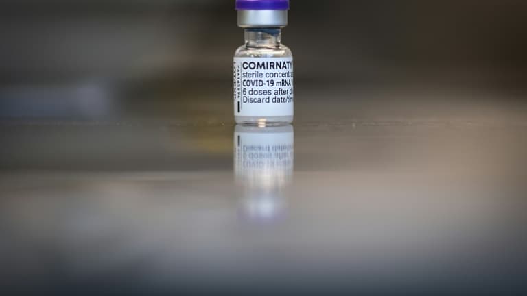 Un flacon du vaccin Pfizer/BioNTech à un centre de vaccination à Nantes, le 9 avril 2021 - image d'illustration