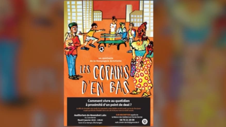 L'affiche du spectacle "Les copains d’en bas", avec le rajout du sous-texte L'affiche du spectacle "Les copains d’en bas", avec le rajout du sous-texte