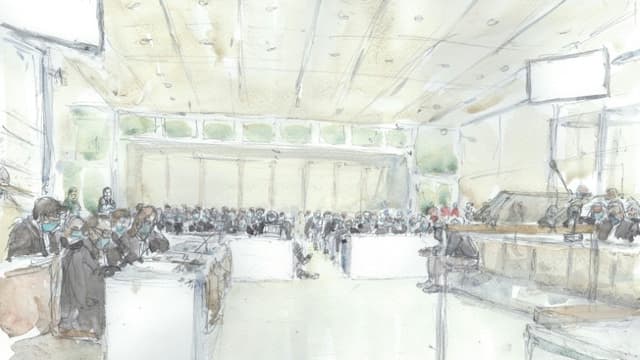Croquis d'audience du procès Charlie, réalisé le 2 septembre 2020 au palais de justice de Paris