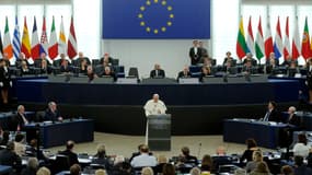 Le pape François s'exprime devant le Parlement européen, le 25 novembre 2014, à Strasbourg. 