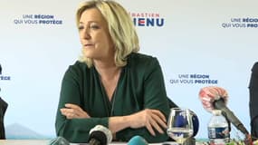 La présidente du Rassemblement national, Marine Le Pen, lors d'une conférence de presse le 9 avril 2021.