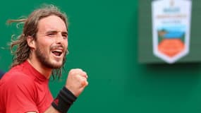 La joie du Grec Stefanos Tsitsipas, après sa victoire face au Russe Andrey Rublev, au Masters 1000 de Monte-Carlo, le 18 janvier 2021 à Monaco