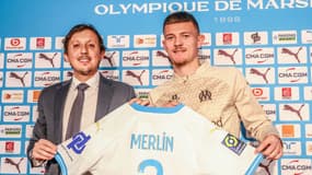 Le président de l'OM Pablo Longoria et Quentin Merlin lors de sa présentation