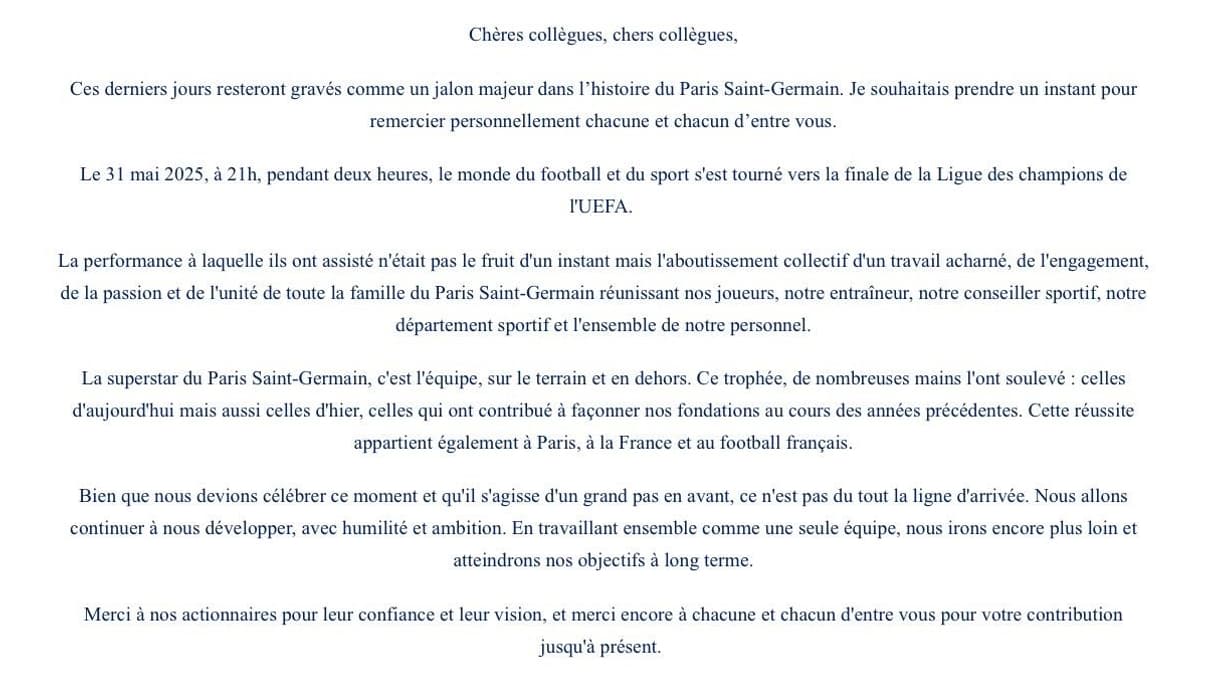 La lettre du président parisien aux employés du PSG La lettre du président parisien aux employés du PSG