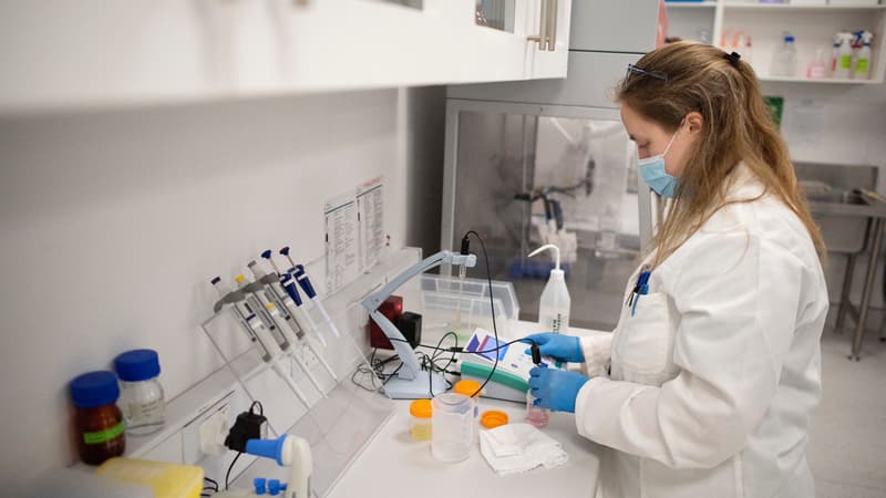 Une employée de la société de biotechnologie Afrigen et du Vaccine Hub travaille à fabriquer le premier vaccin africain à ARN messager contre le Covid-19 dans un laboratoire à Cape Town, le 5 octobre 2021.
