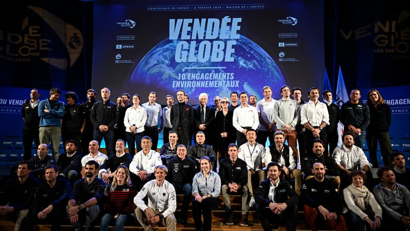 Des skippers lors d'une conférence de presse du Vendée Globe, à Paris le 6 février 2024