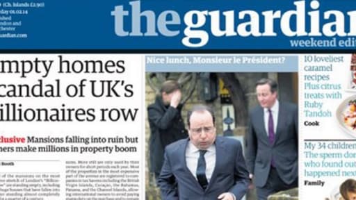 La Une du Guardian avec la photo peu flatteuse de Hollande au sortir d'un déjeuner londonien avec Cameron.