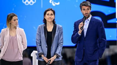 Marie Amélie Le Fur, la ministre des Sports Amélie Oudéa Castera et Tony Estanguet, J-100 Paris 2024, 17 avril 2024