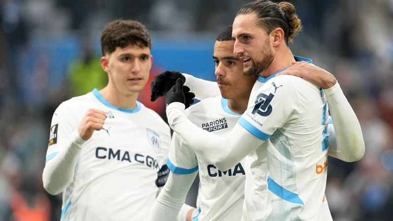 Adrien Rabiot, Mason Greenwood et Leo Balerdi, le 15 février 2025. 