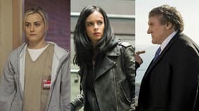 Taylor Shilling dans "Orange is The New Black", Krysten Ritter dans "Jessica Jones" et Gérard Depardieu dans "Marseille" - Montage BFMTV.com