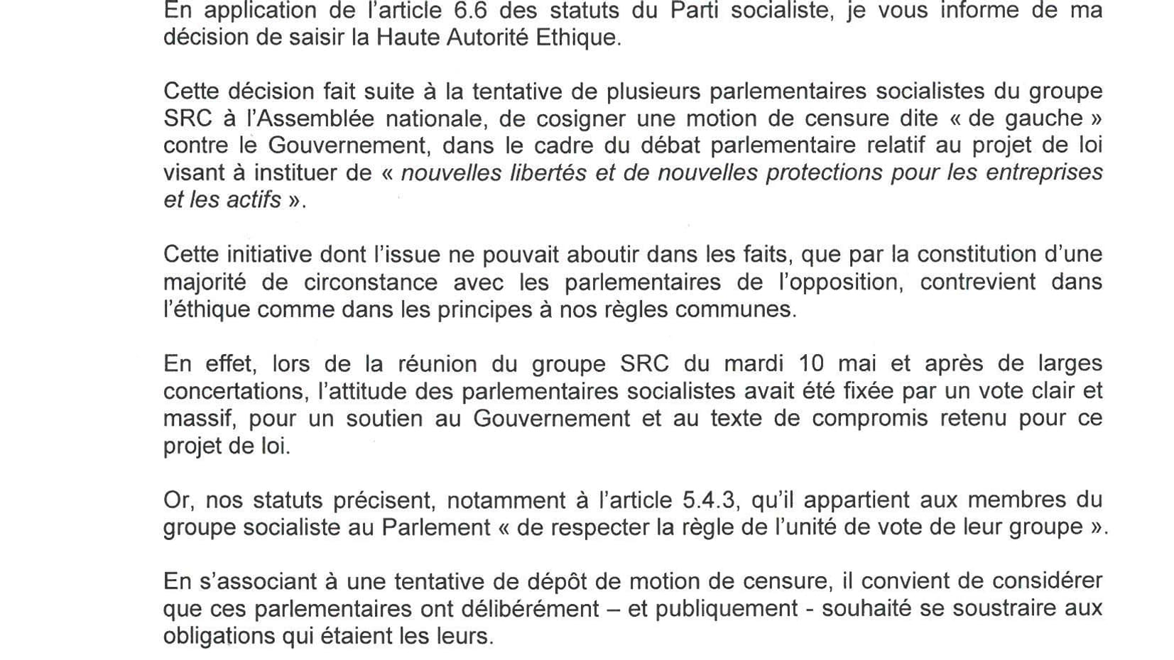 La lettre de Jean-Christophe Cambadélis à la haute autorité.