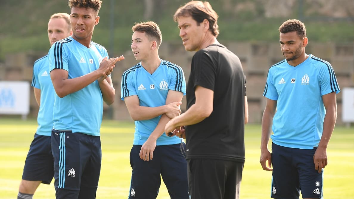 Boubacar Kamara, Maxime Lopez et Christopher Rocchia, accompagnés de Rudi Garcia et de Valère Germain Boubacar Kamara, Maxime Lopez et Christopher Rocchia, accompagnés de Rudi Garcia et de Valère Germain