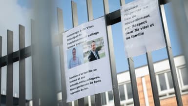 L'entrée du collège Pierre Simon De Laplace de Lisieux, le 12 août 2023, au lendemain de la découverte du corps de son principal, dont les causes de la mort ne sont pas élucidées.