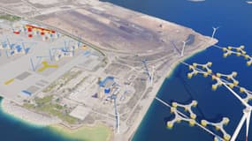 Vue aérienne du projet DEOS, une plateforme de construction et d'assemblage d'éoliennes flottantes sur la zone industrialo-portuaire prévue pour 2028 à Fos-sur-Mer. 