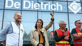 La secrétaire générale de la CGT Sophie Binet lors d'un rassemblement en soutien aux salariés du chauffagiste BDR Thermea, à Mertzwiller (Bas-Rhin), le 5 juin 2025.