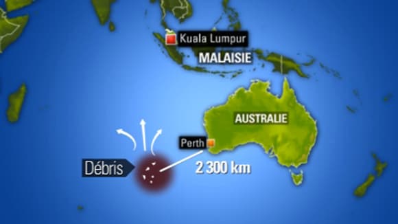 Les débris aperçus par satellite sont à 2.300 km des côtes australiennes. Les débris aperçus par satellite sont à 2.300 km des côtes australiennes.