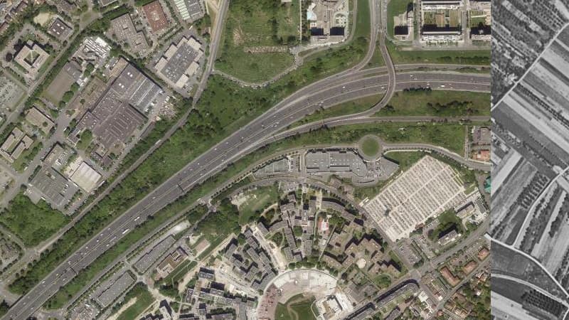 La commune de Fontenay-sous-Bois à gauche en 2015, et à droite, dans les années 50. Toutes les parcelles cultivées ont disparu et plusieurs routes ont été construites. La commune de Fontenay-sous-Bois à gauche en 2015, et à droite, dans les années 50. Toutes les parcelles cultivées ont disparu et plusieurs routes ont été construites.