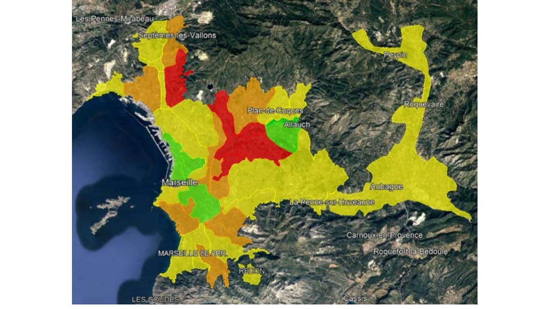 Carte de la présence de Covid-19 dans les eaux usées de Marseille.