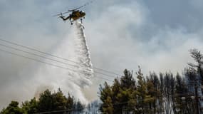 Un hélicoptère largue de l'eau au-dessus d'une forêt à la suite d'un incendie près du village de Psachna, sur l'île d'Eubée en Grèce, le 27 juillet 2025.