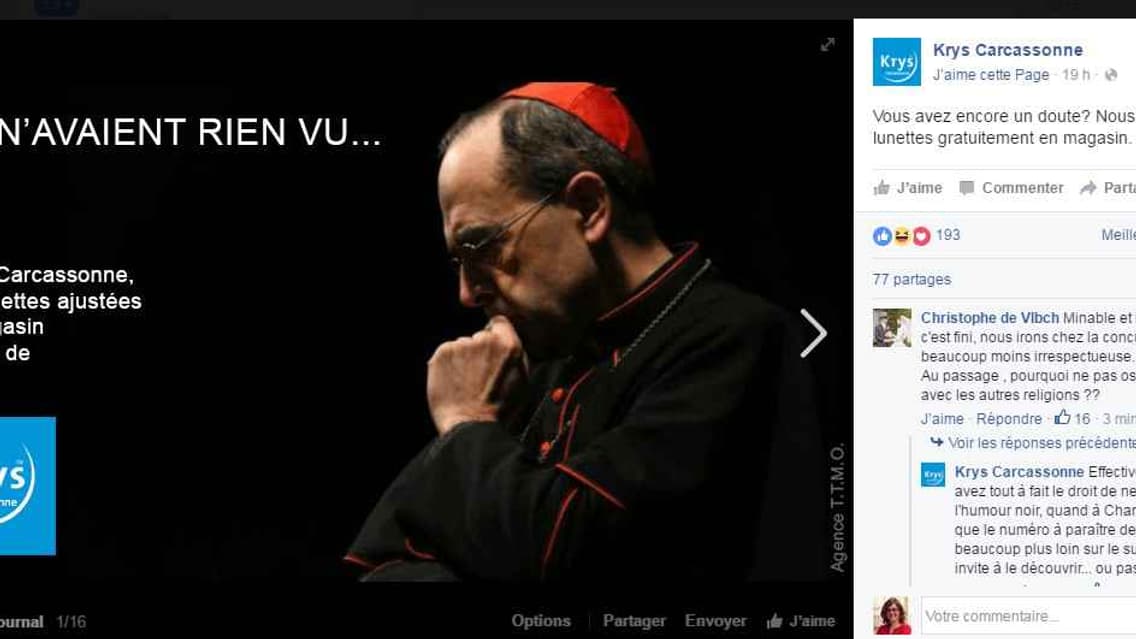 Capture d'écran du compte Facebook Krys Carcassonne, prise par le site 20 minutes. Capture d'écran du compte Facebook Krys Carcassonne, prise par le site 20 minutes.