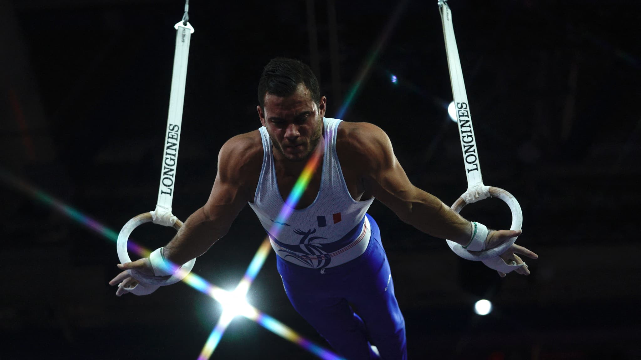 Samir Aït Saïd aux anneaux lors des Mondiaux 2019, où il a obtenu sa qualification pour Tokyo avec le bronze