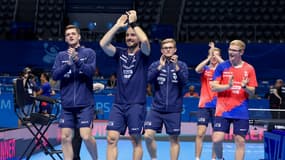 L'équipe de France de tennis de table qualifiée pour la finale des championnats d'Europe par équipes, le 18 octobre 2025.