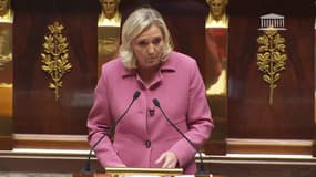 Marine Le Pen lors d'un débat à l'Assemblée sur le conflit entre le Hamas et Israël, le 23 octobre 2023