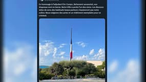 Les drapeaux mis en berne à Mandelieu-la-Napoule, où travaillait le gendarme tué dans un refus d'obtempérer le lundi 26 août 2024.