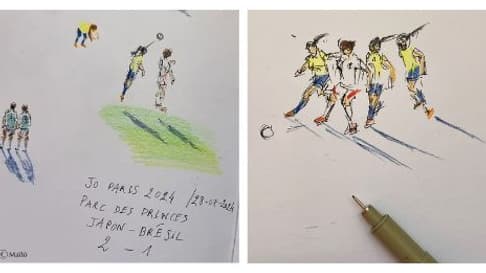 Quelques croquis des joueuses de football réalisés lors du match Japon Brésil au Parc des Princes le 28 juillet 2024.