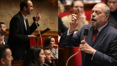 Manuel Bompard et Éric Dupond-Moretti à l'Assemblée nationale le 30 avril 2024.