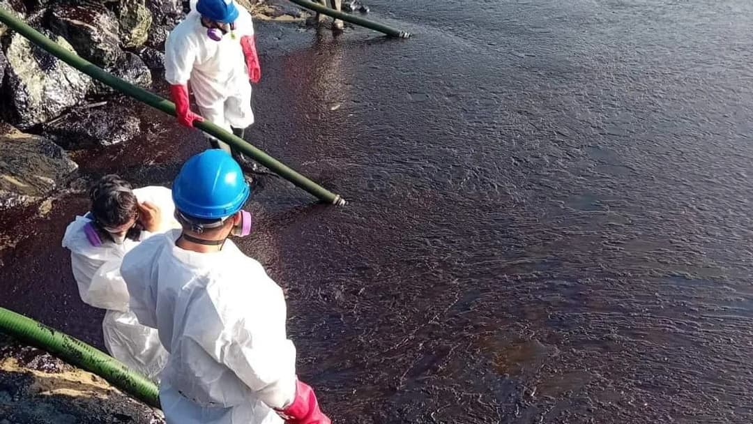 Cette photo diffusée le 11 février 2024 par l'Autorité de gestion des urgences de Tobago montre des employés nettoyant la mer après une marée noire sur l'île de Tobago, Trinité-et-Tobago Cette photo diffusée le 11 février 2024 par l'Autorité de gestion des urgences de Tobago montre des employés nettoyant la mer après une marée noire sur l'île de Tobago, Trinité-et-Tobago