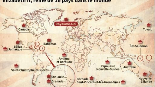 Carte montrant les pays qui ont Elizabeth II comme reine