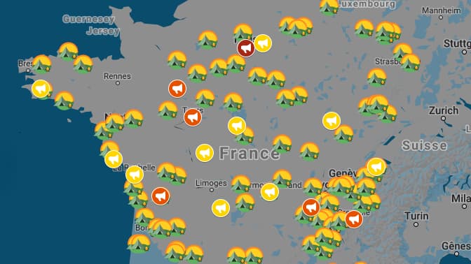 Carte des rassemblements en province pour samedi 23 mars, selon le site gilets-jaunes.com.